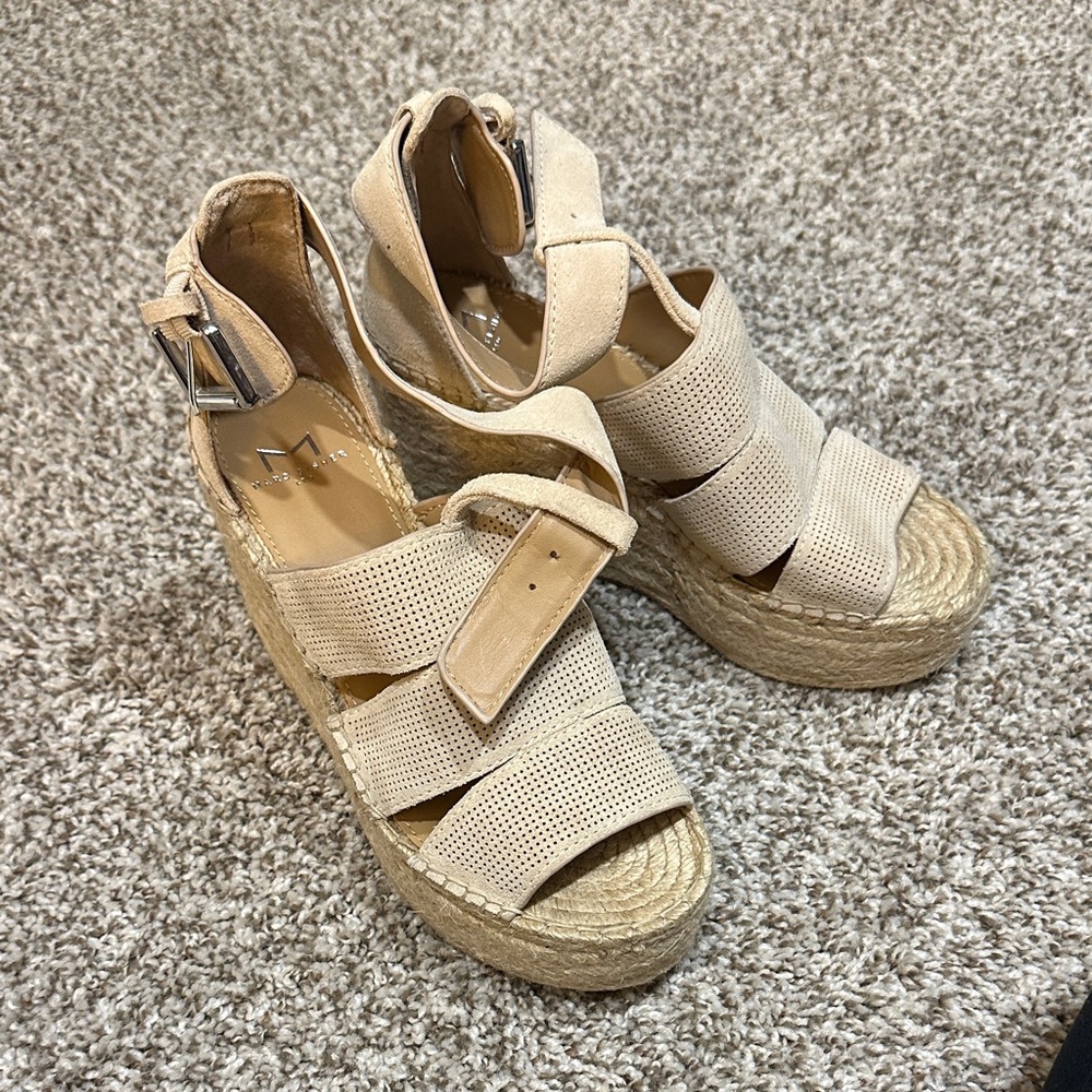 Marc Fisher Beige Perforated Espadrille Wedge Sandals